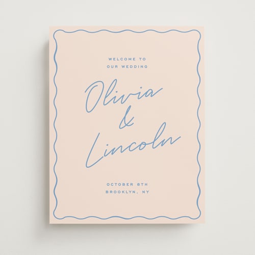 This is a periwinkle wedding signs with standard by Ellen Schlegelmilch called wavy border printing on premium sign board in 11x14