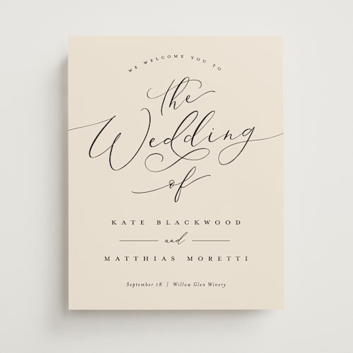 This is a ecru wedding signs with standard by Erica Krystek called simply scripted printing on premium sign board in 11x14