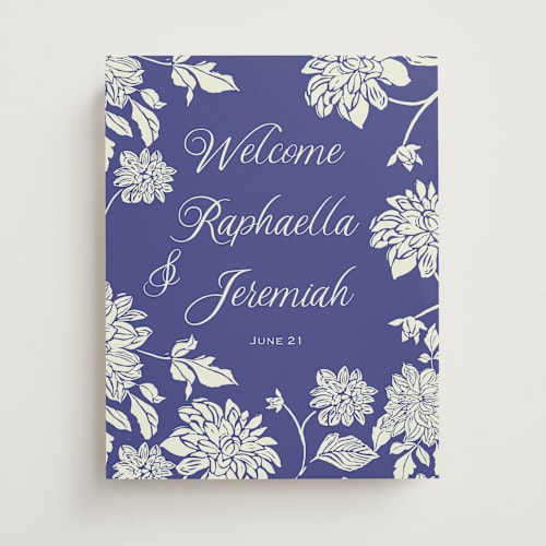 This is a sapphire wedding signs with standard by Lise Gulassa called welcome blooming love printing on premium sign board in 11x14