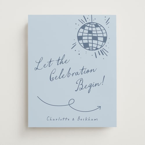 This is a blueberry wedding signs with standard by Pixel and Hank called disco direction printing on premium sign board in 11x14