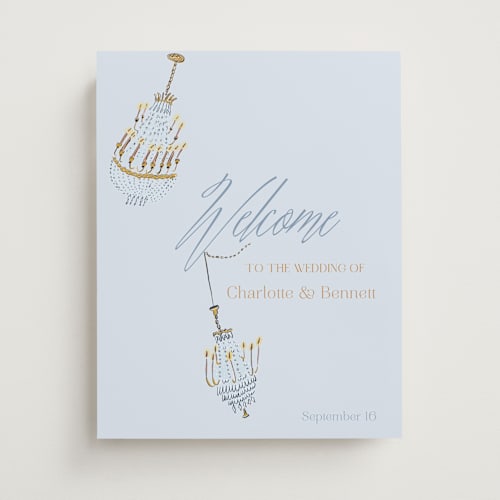 This is a blue satin wedding signs with standard by Sarah Rosenthal called swinging celebration printing on premium sign board in 11x14