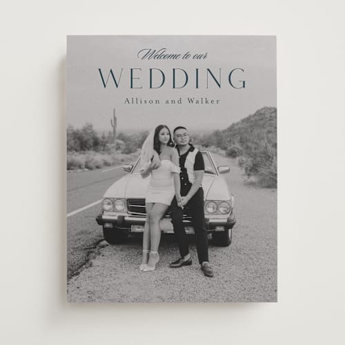 This is a navy wedding signs with standard by Stacey Meacham called commitment printing on premium sign board in 11x14