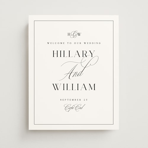 This is a tuxedo wedding signs with standard by Susan Zinader called classic monogram printing on premium sign board in 11x14