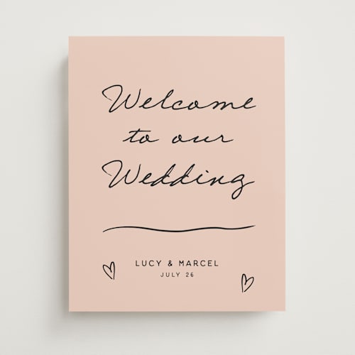 This is a blush wedding signs with standard by Ani Somi called ballpoint suite printing on premium sign board in 11x14