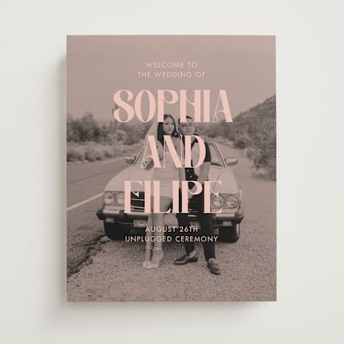 This is a blush wedding signs with standard by Morgan Kendall called cinematic printing on premium sign board in 11x14