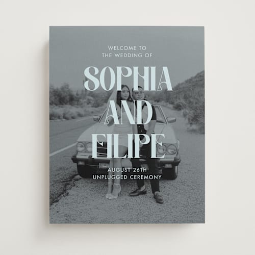 This is a sky wedding signs with standard by Morgan Kendall called cinematic printing on premium sign board in 11x14