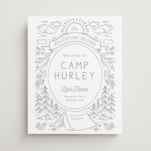 This is a sage wedding signs with standard by Kiersten Garner called the adventure begins printing on premium sign board in medium