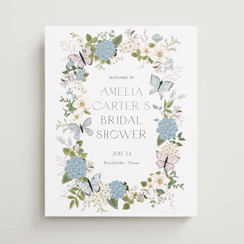 This is a periwinkle wedding signs with standard by Susan Moyal called garden love printing on premium sign board in medium