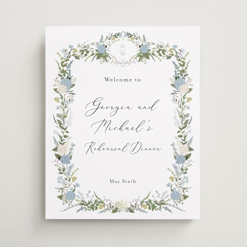 This is a coastal wedding signs with standard by Susan Moyal called hydrangea vine printing on premium sign board in medium