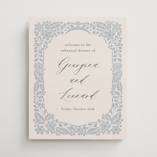 This is a dusty blue wedding signs with standard by Jen Owens called embroidered printing on premium sign board in medium