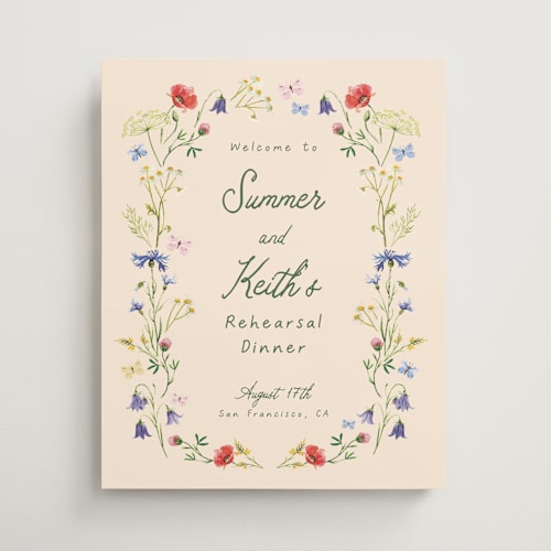 This is a champagne wedding signs with standard by frau brandt called wildflower romance printing on premium sign board in medium