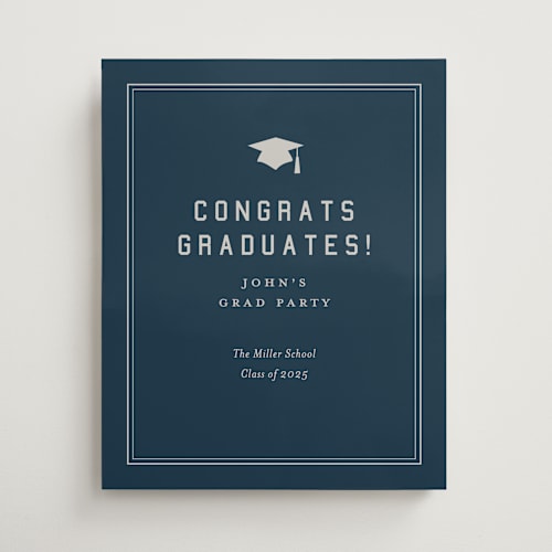 This is a navy graduation party decorations with standard by Sarah Curry called grad ribbon printing on premium sign board in 16x20