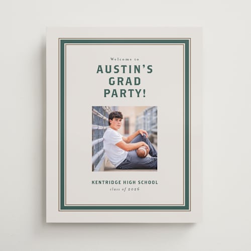 This is a evergreen graduation party decorations with standard by Angela Garrick called varsity frame printing on premium sign board in 16x20