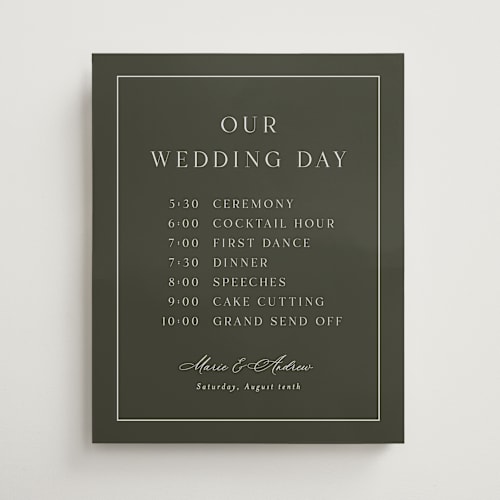 This is a olive wedding signs with standard by Nicole Walsh called refined printing on premium sign board in 16x20