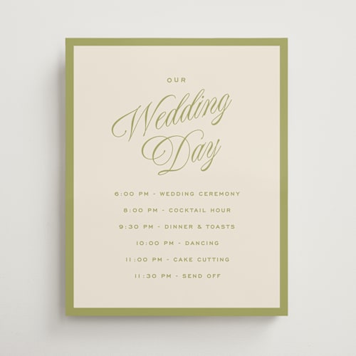 This is a olive wedding signs with standard by Ellen Schlegelmilch called rory printing on premium sign board in 16x20