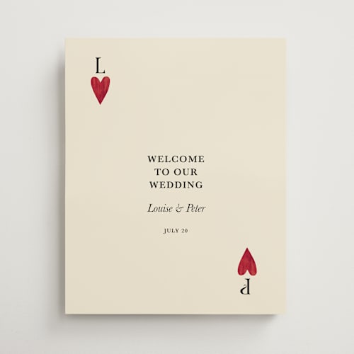 This is a champagne wedding signs with standard by Helena Vitto called red hearts printing on premium sign board in 16x20