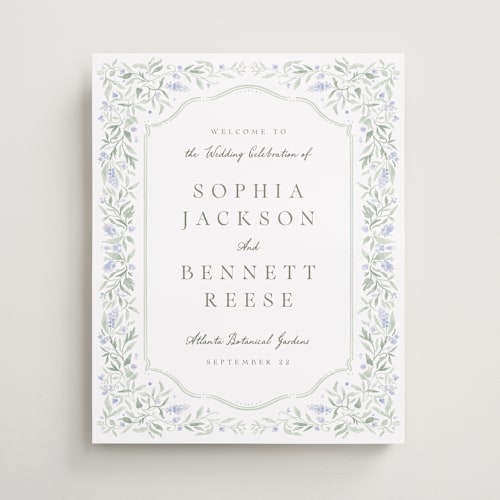 This is a periwinkle wedding signs with standard by Kristen Smith called delicate vines printing on premium sign board in 16x20
