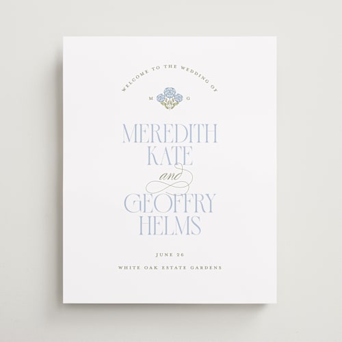 This is a cornflower wedding signs with standard by Susan Zinader called garden estate printing on premium sign board in 16x20