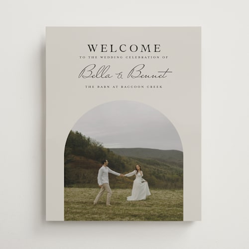 This is a champagne wedding signs with standard by Laura Hamm called arch printing on premium sign board in 16x20