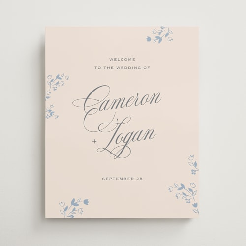 This is a sand and sky wedding signs with standard by Carolyn MacLaren called classic fleur printing on premium sign board in 16x20