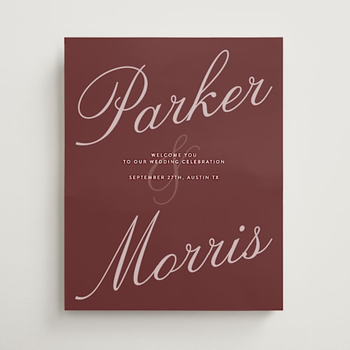 This is a burgundy wedding signs with standard by Maja Cunningham called swan lake printing on premium sign board in 16x20