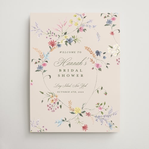 This is a english garden wedding signs with standard by Phrosné Barwood called whimsey floral printing on premium sign board in large