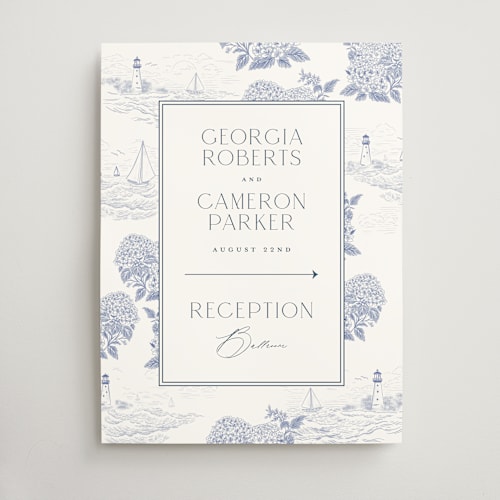 This is a periwinkle wedding signs with standard by Jenna Holcomb called coastal toile printing on doublethick in 18x24
