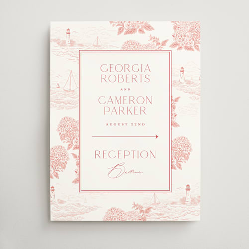 This is a coral wedding signs with standard by Jenna Holcomb called coastal toile printing on doublethick in 18x24