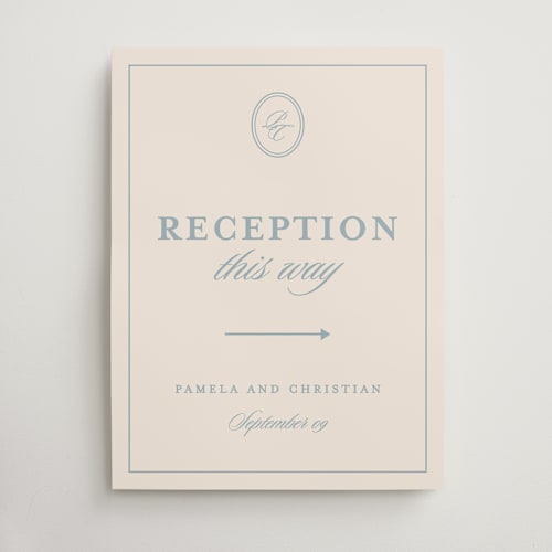 This is a powder blue wedding signs with standard by Creo Study called scripted printing on doublethick in 18x24