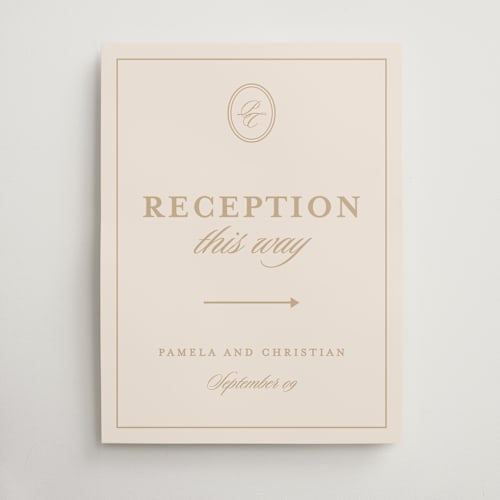This is a almond wedding signs with standard by Creo Study called scripted printing on doublethick in 18x24