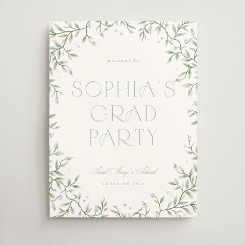 This is a periwinkle graduation party decorations with standard by Kristen Smith called wisteria printing on premium sign board in 18x24