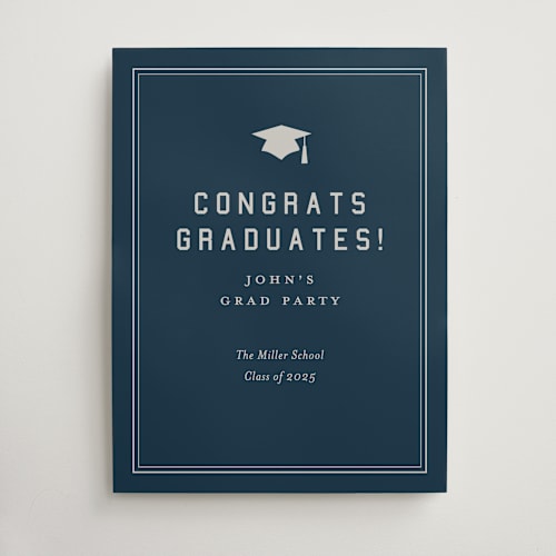 This is a navy graduation party decorations with standard by Sarah Curry called grad ribbon printing on doublethick in 18x24