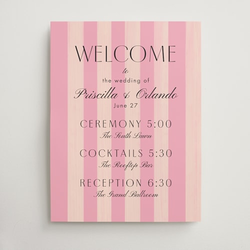 This is a cotton candy wedding signs with standard by Becky Nimoy called vintage striped awning printing on doublethick in 18x24