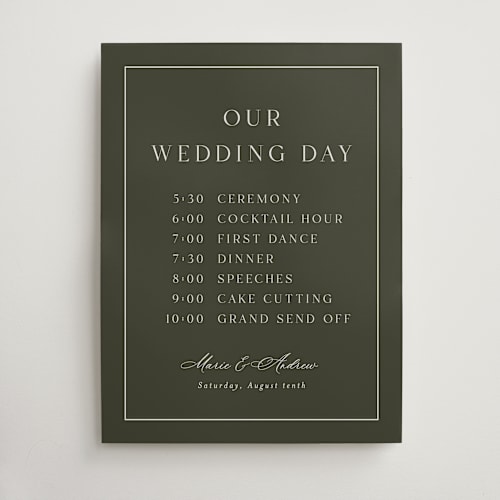 This is a olive wedding signs with standard by Nicole Walsh called refined printing on doublethick in 18x24
