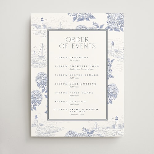 This is a periwinkle wedding signs with standard by Jenna Holcomb called coastal toile printing on doublethick in 18x24