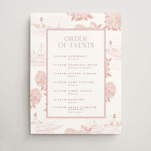 This is a coral wedding signs with standard by Jenna Holcomb called coastal toile printing on doublethick in 18x24