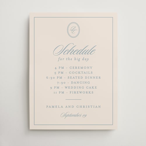 This is a powder blue wedding signs with standard by Creo Study called scripted printing on doublethick in 18x24