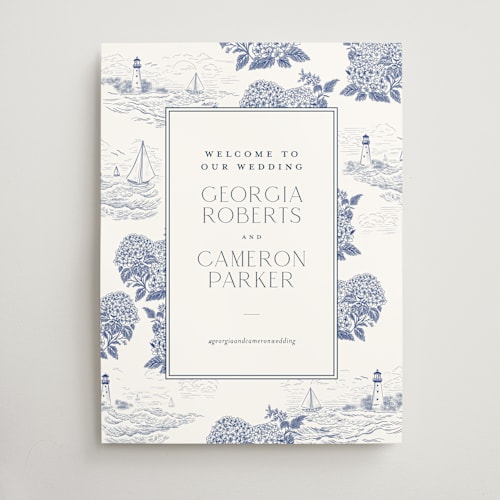 This is a periwinkle wedding signs with standard by Jenna Holcomb called coastal toile printing on doublethick in 18x24