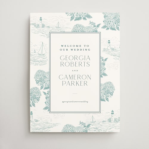 This is a seaglass wedding signs with standard by Jenna Holcomb called coastal toile printing on doublethick in 18x24
