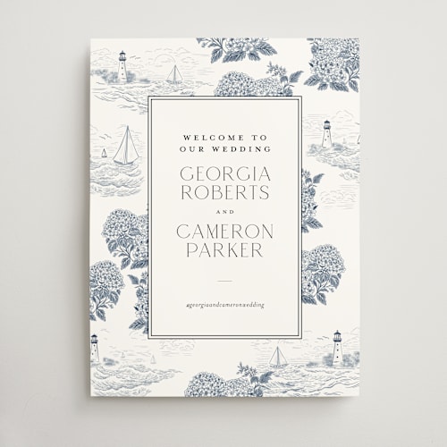 This is a marine wedding signs with standard by Jenna Holcomb called coastal toile printing on doublethick in 18x24