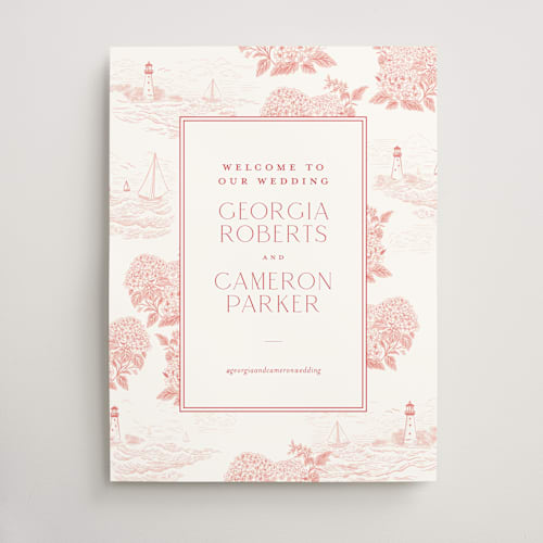 This is a coral wedding signs with standard by Jenna Holcomb called coastal toile printing on doublethick in 18x24