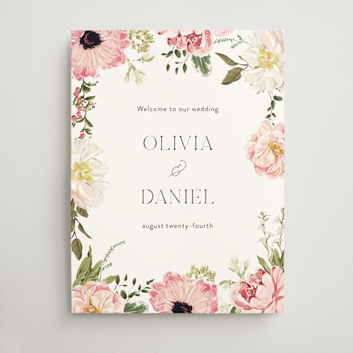 This is a peony wedding signs with standard by Susan Moyal called timeless blooms printing on doublethick in 18x24