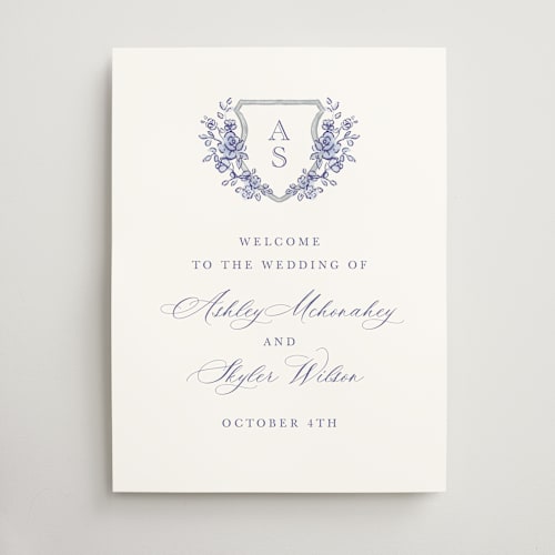 This is a dusty blue wedding signs with standard by Cass Loh called watercolor flowers crest printing on doublethick in 18x24