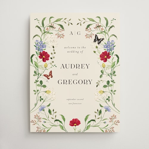 This is a chiffon wedding signs with standard by Sarah Knight called wild meadow printing on doublethick in 18x24