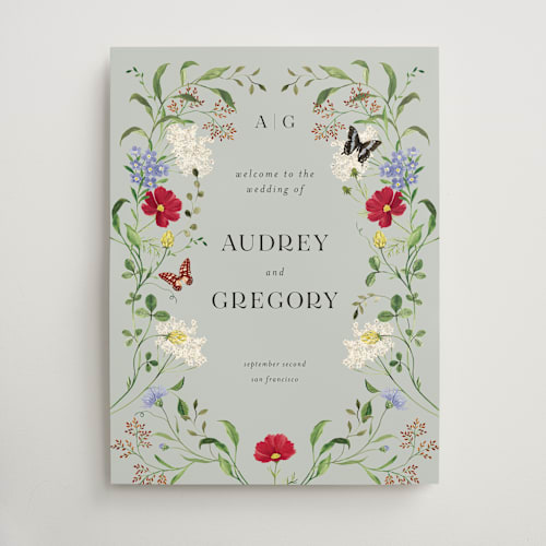 This is a black dahlia wedding signs with standard by Sarah Knight called wild meadow printing on doublethick in 18x24