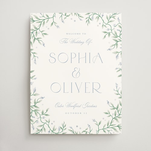This is a periwinkle wedding signs with standard by Kristen Smith called wisteria printing on doublethick in 18x24