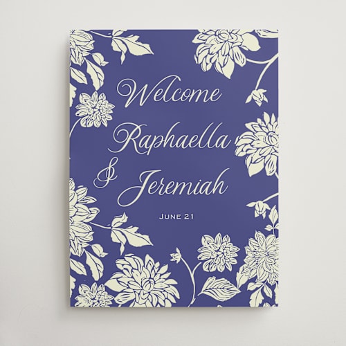 This is a sapphire wedding signs with standard by Lise Gulassa called welcome blooming love printing on premium sign board in 18x24