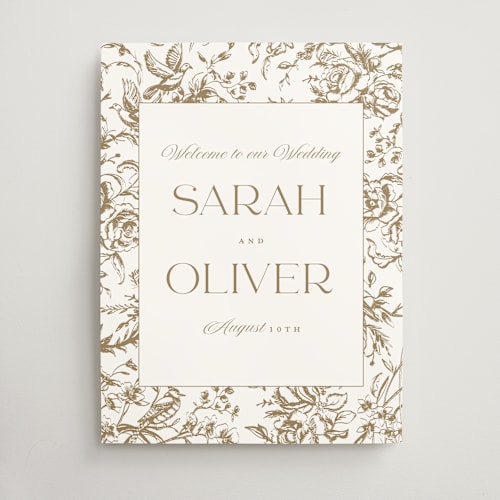 This is a champagne wedding signs with standard by Teju Reval called dreamy toile printing on doublethick in 18x24
