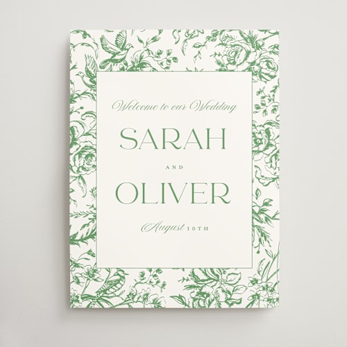 This is a olive wedding signs with standard by Teju Reval called dreamy toile printing on doublethick in 18x24