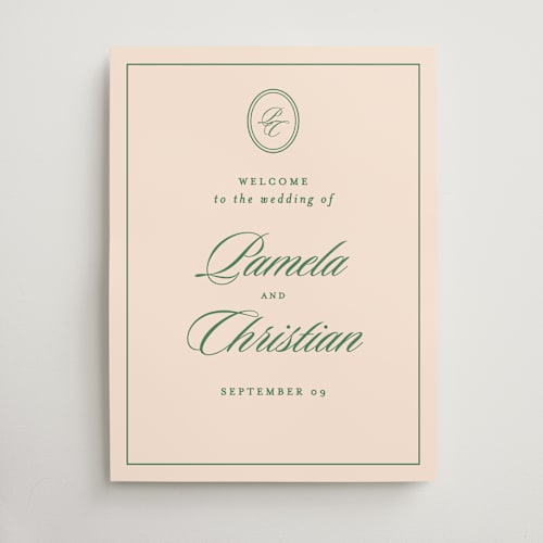 This is a emerald wedding signs with standard by Creo Study called scripted printing on doublethick in 18x24
